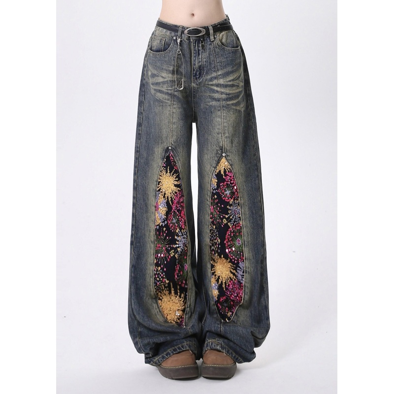 Chic Navy Sequins Patchwork Denim Pants Spring