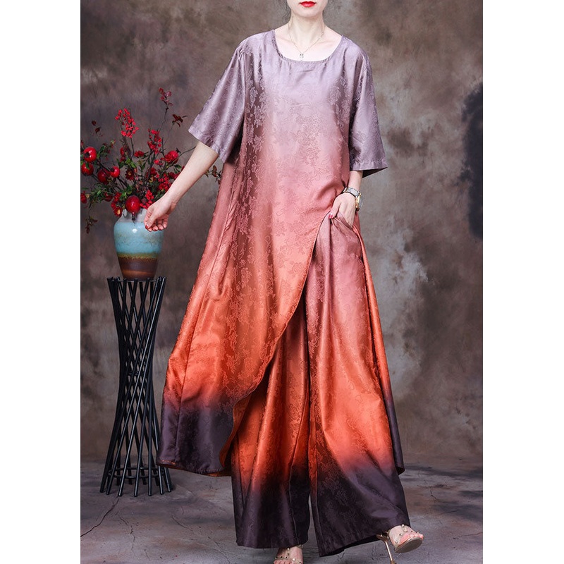 Chic Orange Gradient color Asymmetrical Design Jacquard Silk Two Piece Set Summer