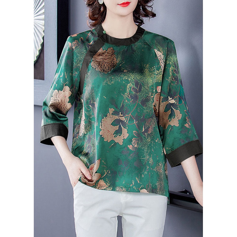 Chinese Style Green O-Neck Patchwork Print Silk Shirt Top Bracelet Sleeve