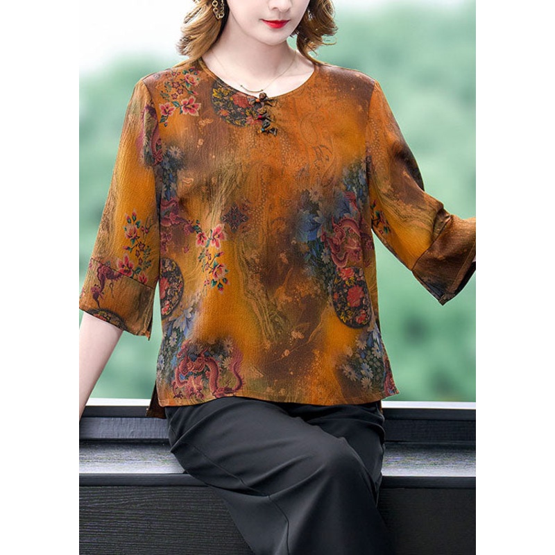 Chinese Style Yellow O-Neck Oriental Button Print Silk Blouse Top Half Sleeve
