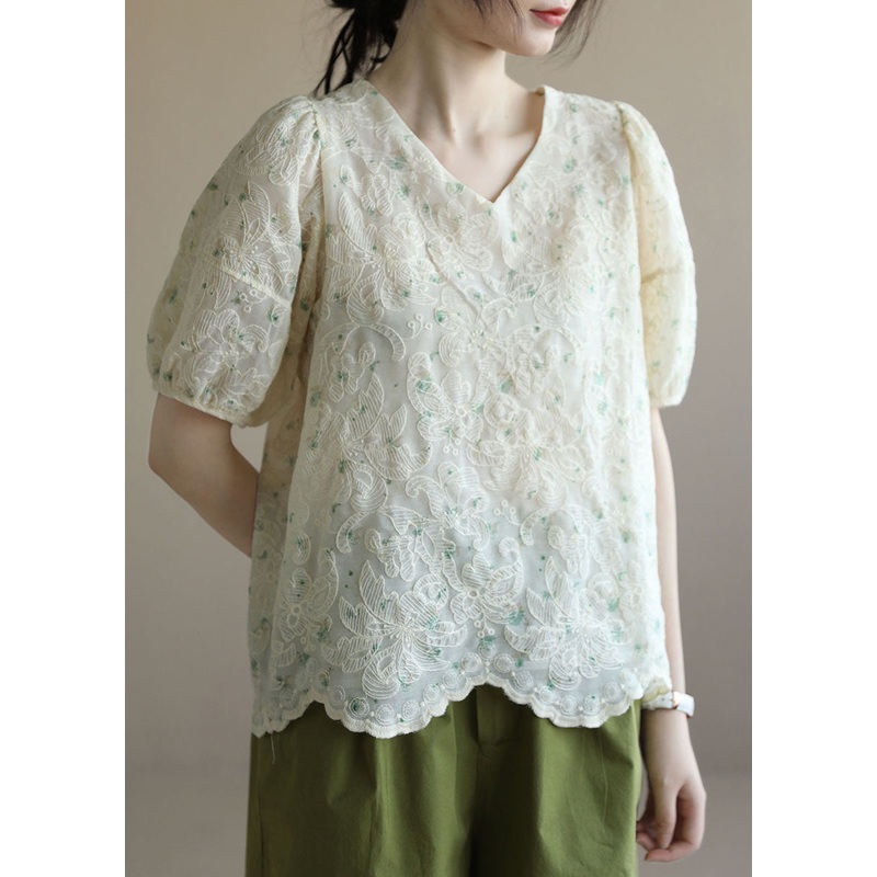 Classy Beige V Neck Embroideried Wavy Edge Chiffon Blouses Lantern Lleeve