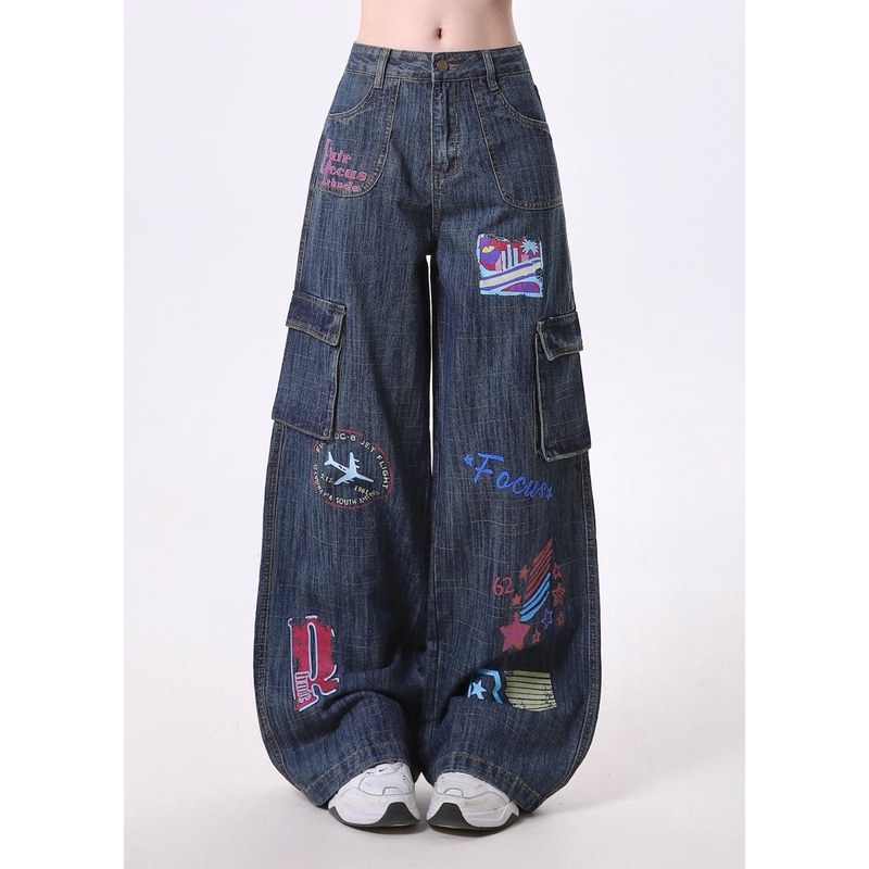 Classy Navy Oversized Print Pockets Denim Pants Spring