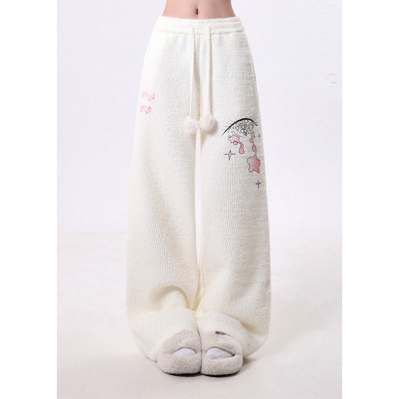 Classy White Print Fuzzy Ball Decorated Warm Fleece Fluffy Pants Spring