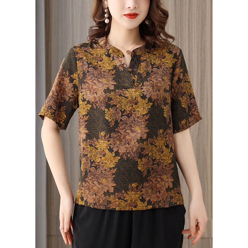Coffee Vintage Print Silk Blouse Top For Women O-Neck Button Short Sleeve