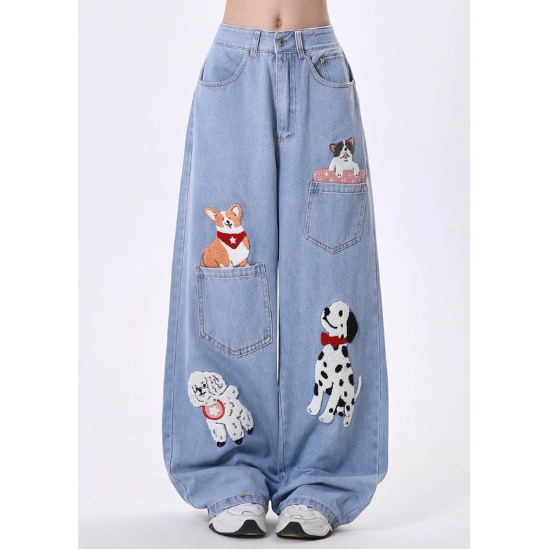 DIY Blue Animal Embroidered Denim Straight Pants Spring