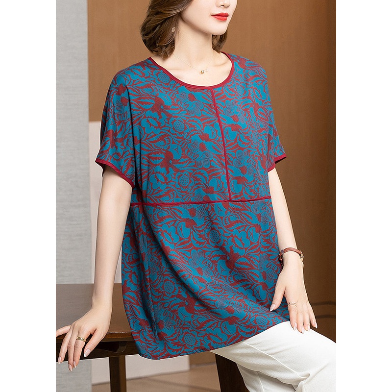Elegant Blue O-Neck Jacquard Silk Tank Tops Short Sleeve