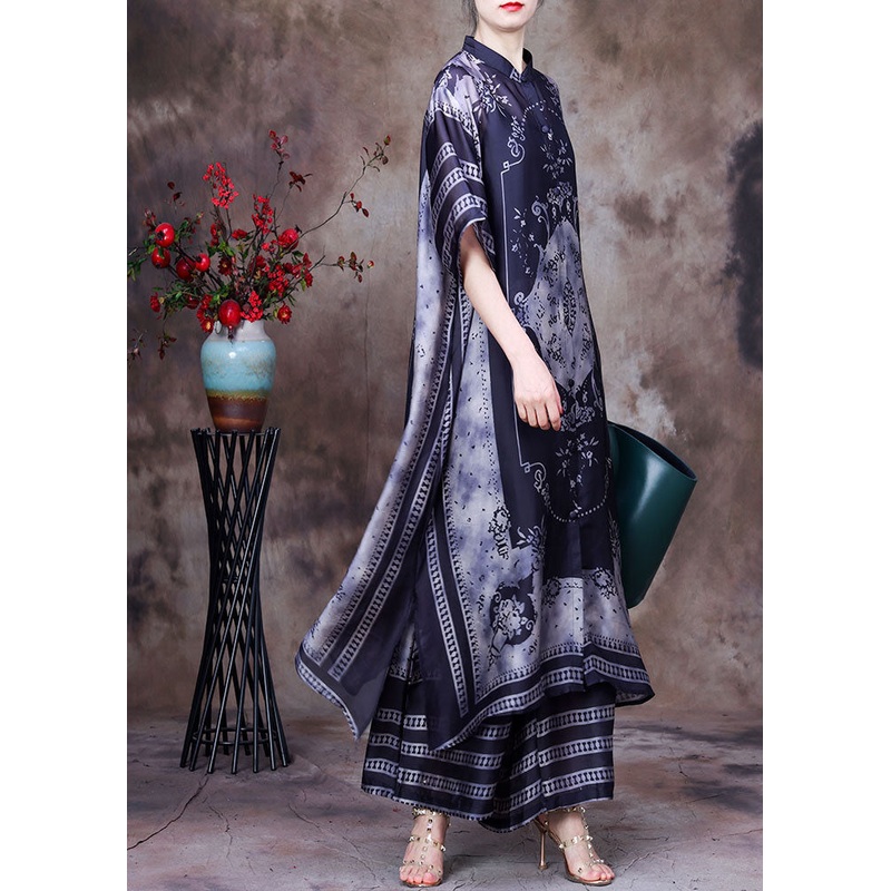 Elegant Coffee Stand Collar Side Open Print Silk Two Piece Set Women Clothing Summer