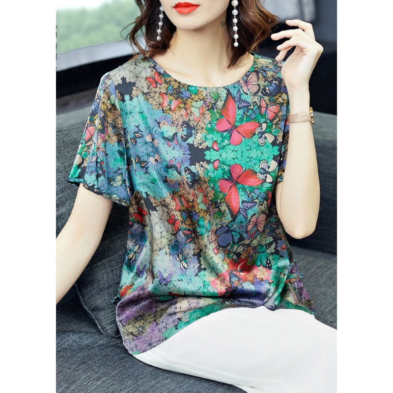Elegant Green O-Neck Butterfly Print Satin Top Short Sleeve