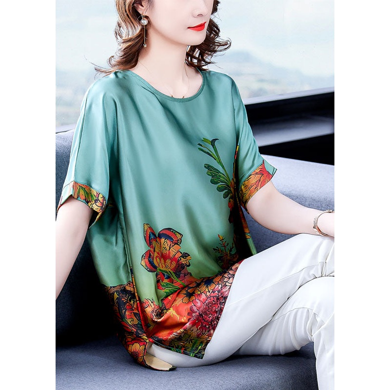 Elegant Green O-Neck Print Silk Tops For Women Short Sleeve
