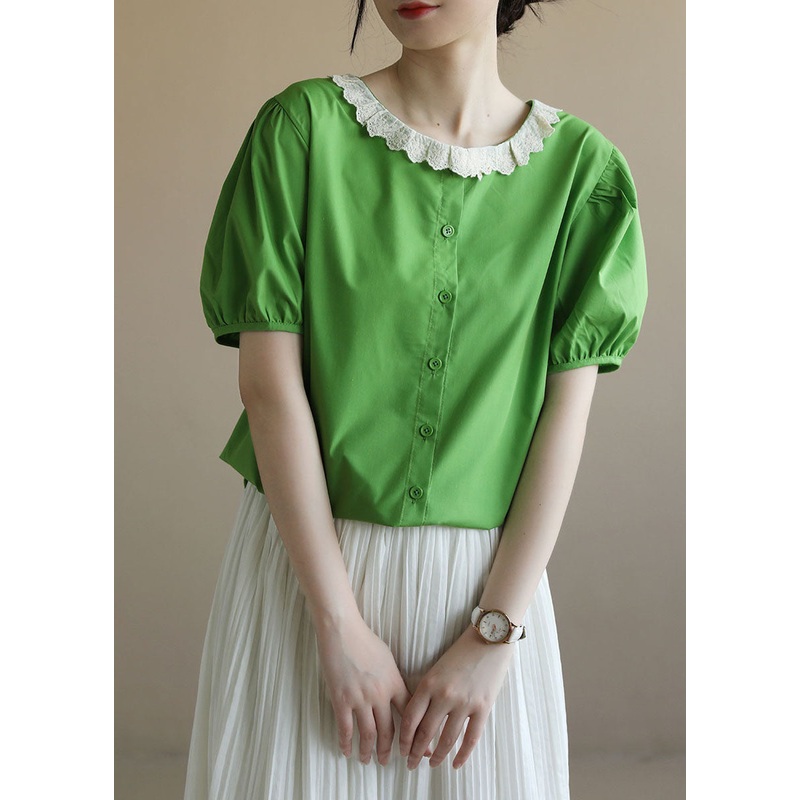 Elegant Green Peter Pan Collar Patchwork Cotton Shirt Top Puff Sleeve