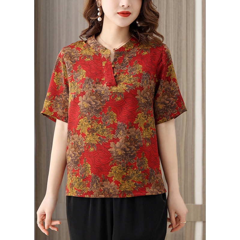 Elegant Red O-Neck Print Silk Shirts Short Sleeve