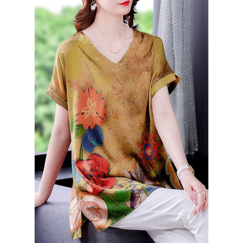 Elegant Yellow V Neck Original Design Print Side Open Silk Top Short Sleeve