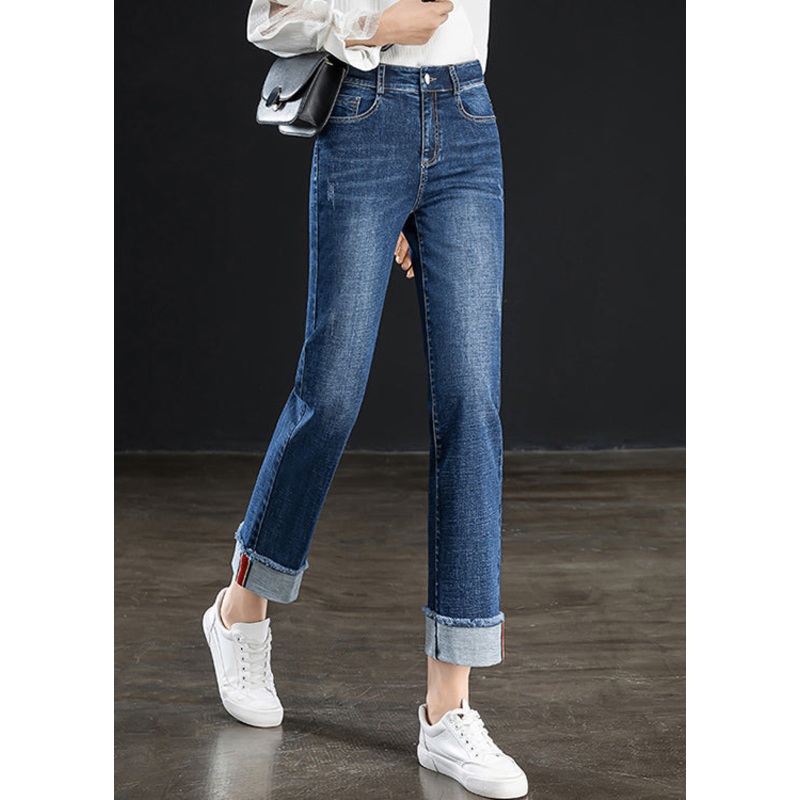 Fashion Navy Solid High Waist Cotton Straight Pants Summer