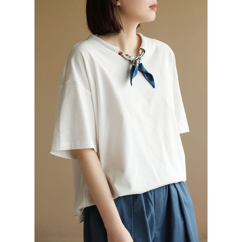 Fashion Solid White O-Neck Drawstring Bow Cotton Tank Short Sleeve