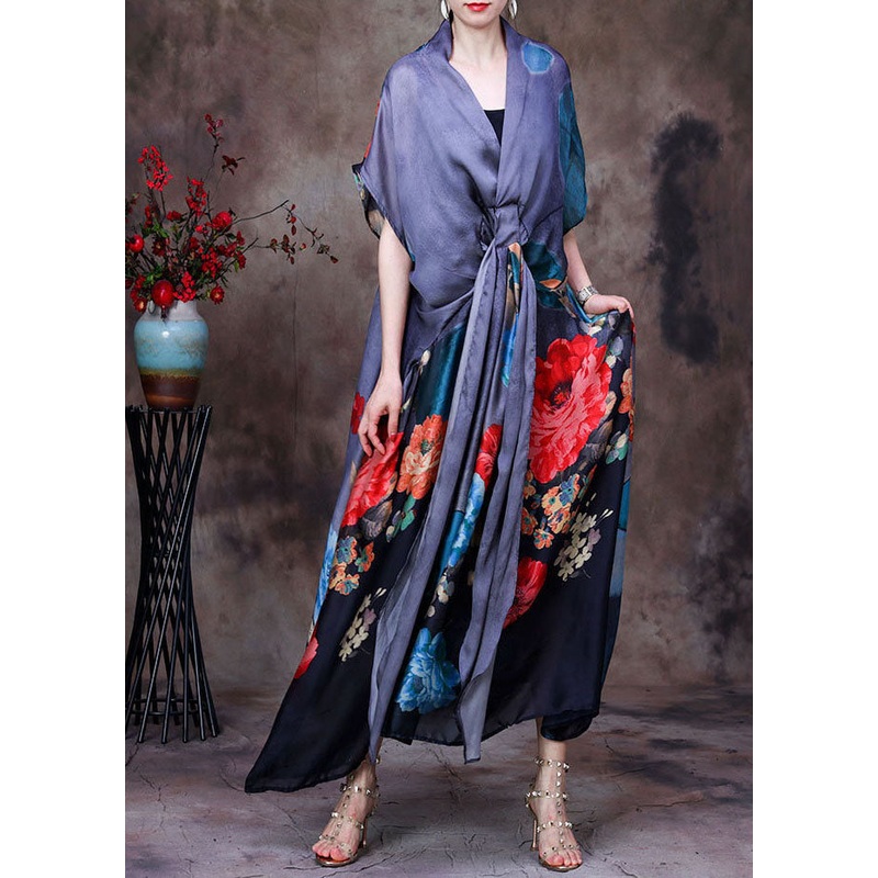 Fitted Grey V Neck Asymmetrical Print Silk Maxi Dresses Two Piece Set Women Clothing Short Sleeve