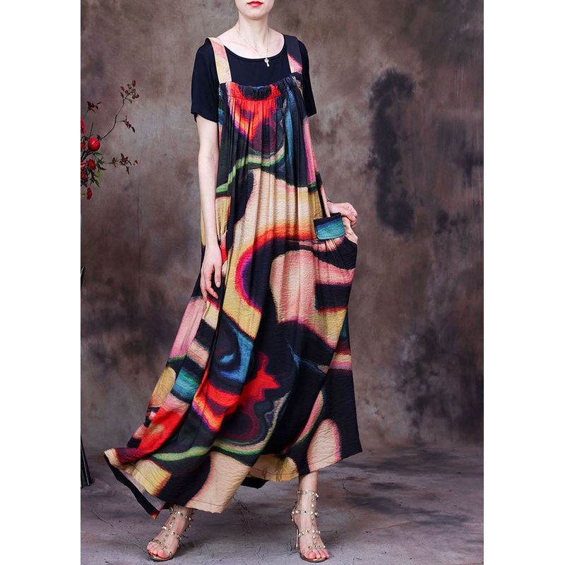 French Colorblock Wrinkled Pockets Print Silk Two Pieces Set Summer