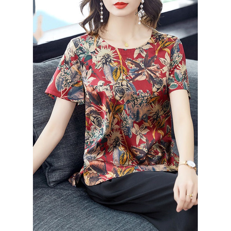 French Red O-Neck Print Silk Tank Tops Short Sleeve