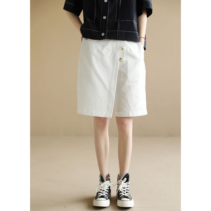 French Solid White Elastic Waist Asymmetrical Button Cotton Wide Leg Crop Pant Summer