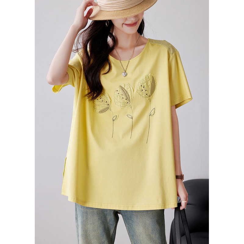 French Yellow Embroideried Applique Cotton Tank Summer