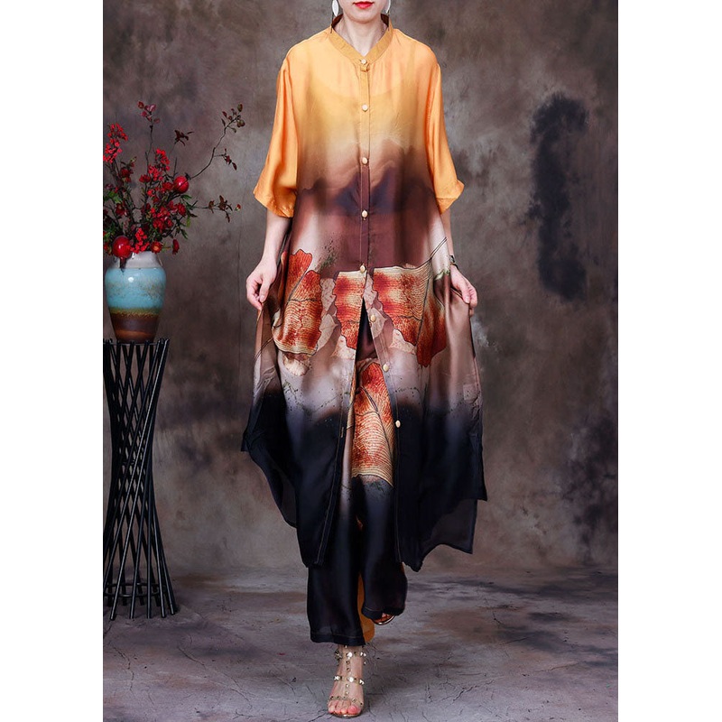 French Yellow Stand Collar Print Silk Long Shirt And Wide Leg Pant Two Pieces Set Summer