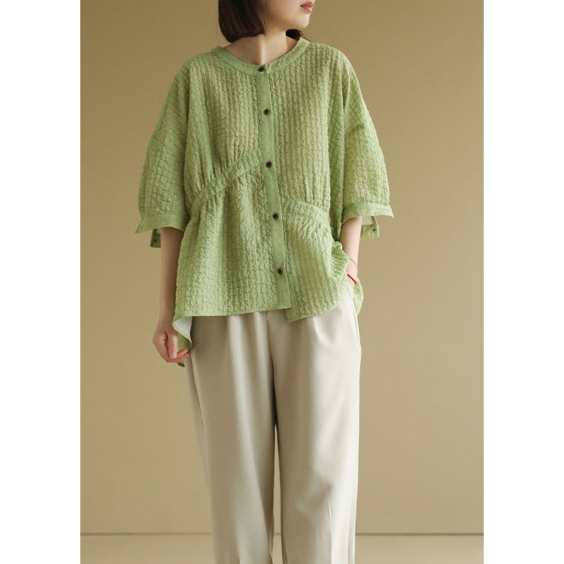 Green Button Loose Shirt Wrinkled Asymmetrical Design Bracelet Sleeve