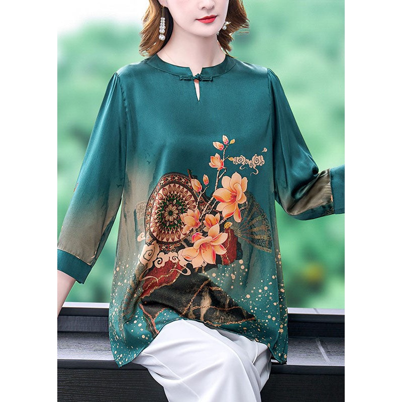 Green Vintage Print Silk Shirts Oriental Button Half Sleeve