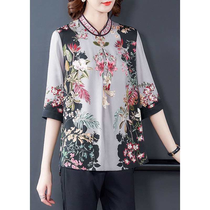 Grey Print Silk Women's Top Stand Collar Half Sleeve