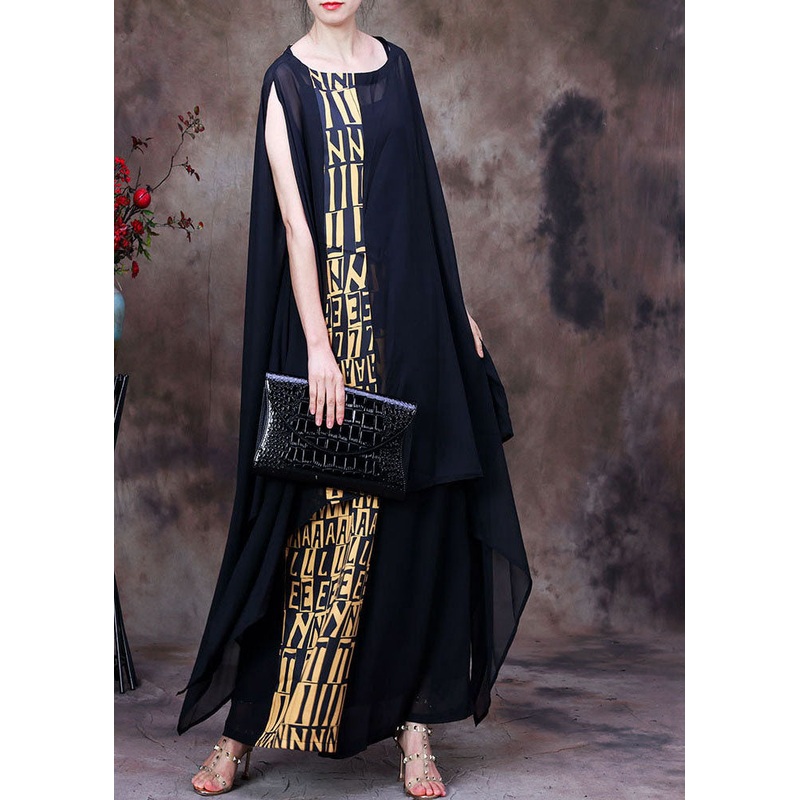 Italian Black Asymmetrical Print Chiffon Top And Wide Leg Pant Two Piece Suit Set Summer