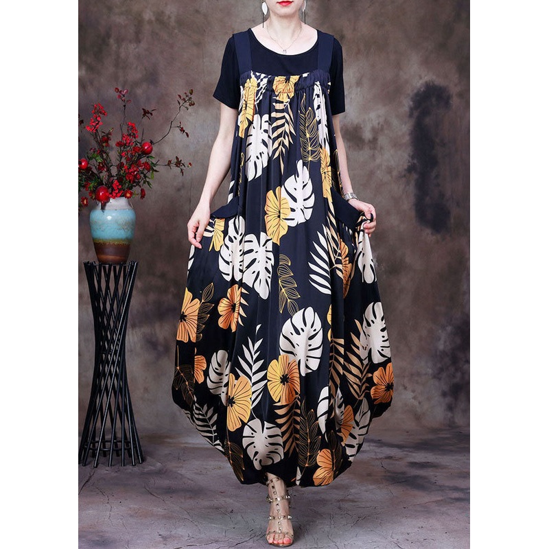 Italian Black Pockets Print Silk Pleated Spaghetti Strap Dress And Tank Two Pieces Set Summer
