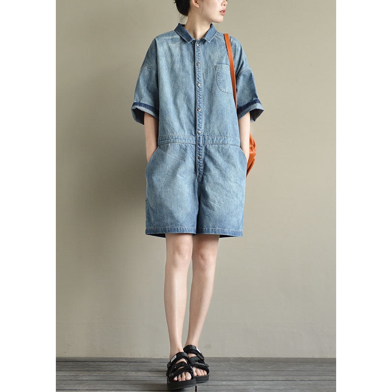 Italian Denim Blue Button Peter Pan Collar Pocket Cotton Jumpsuits Summer