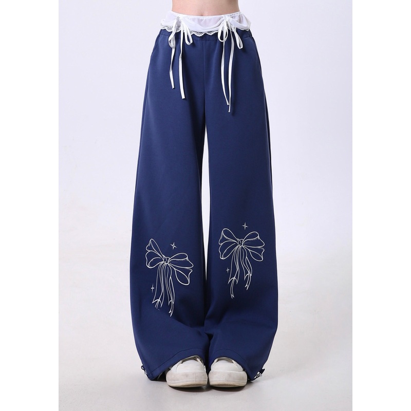 Italian Navy Bow Print Patchwork Lace Cotton Pants Spring