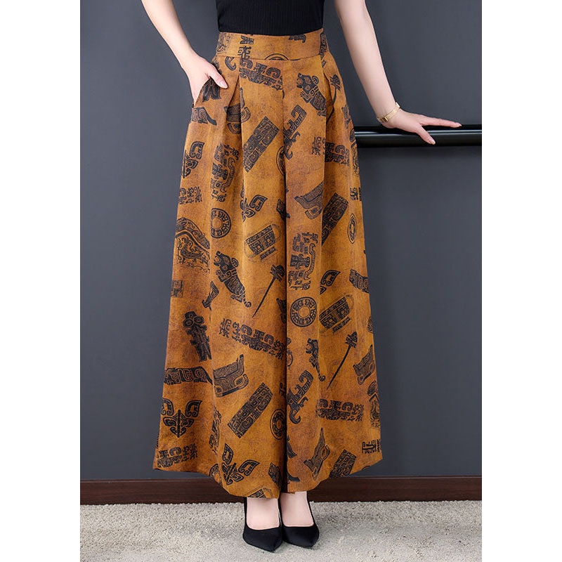 Italian Yellow Elastic Waist Pockets Print Draping Silk Wide Leg Pants Summer