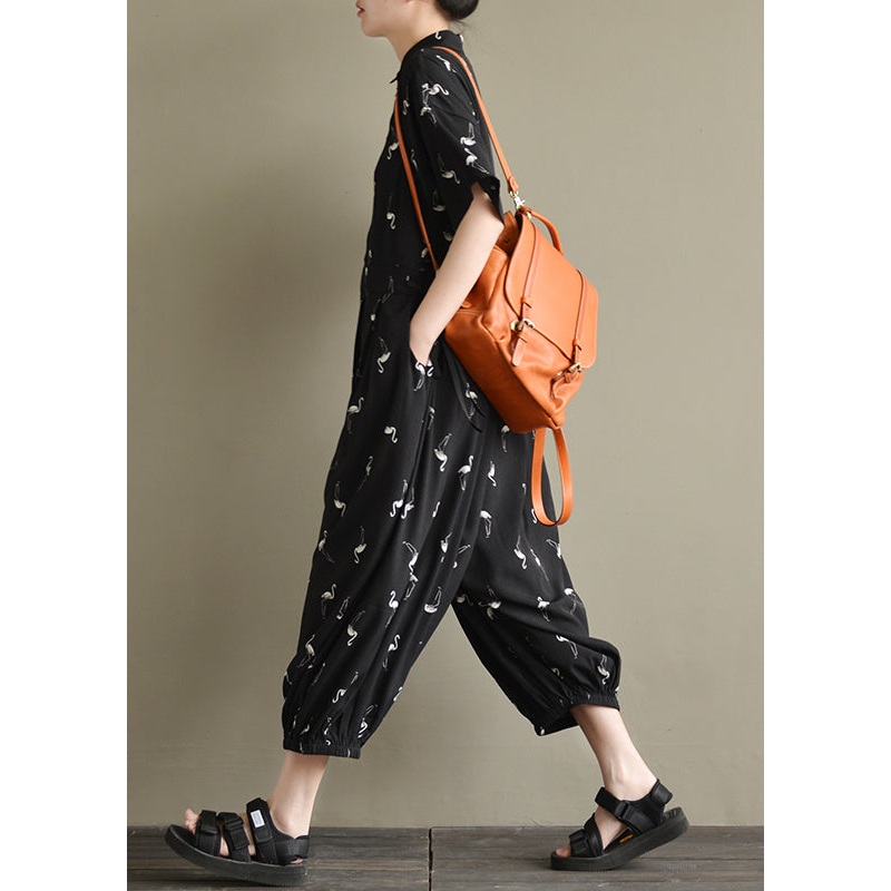 Loose Black Peter Pan Collar Button Print Chiffon Jumpsuit Short Sleeve