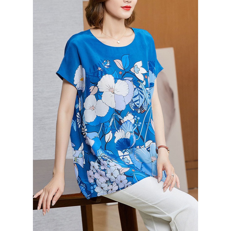 Loose Blue O-Neck Original Design Print Silk Tank Short Sleeve