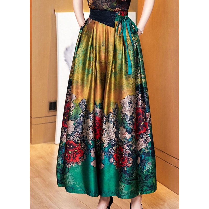 Loose Green Tie Waist Tunic Pockets Floral Print Silk Wide Leg Pants Summer