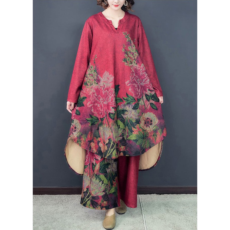 Loose Red Asymmetrical Print Silk Dress And Wide Leg Pants Two Pieces Set Spring