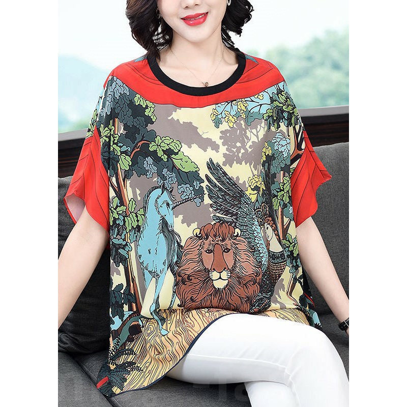 Loose Red O-Neck Animal Print Chiffon Tank Tops Batwing Sleeve