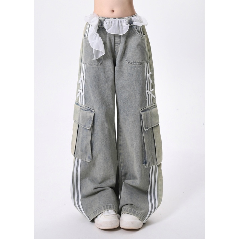 Modern Light Blue Elastic Waist Pockets Denim Pants Spring