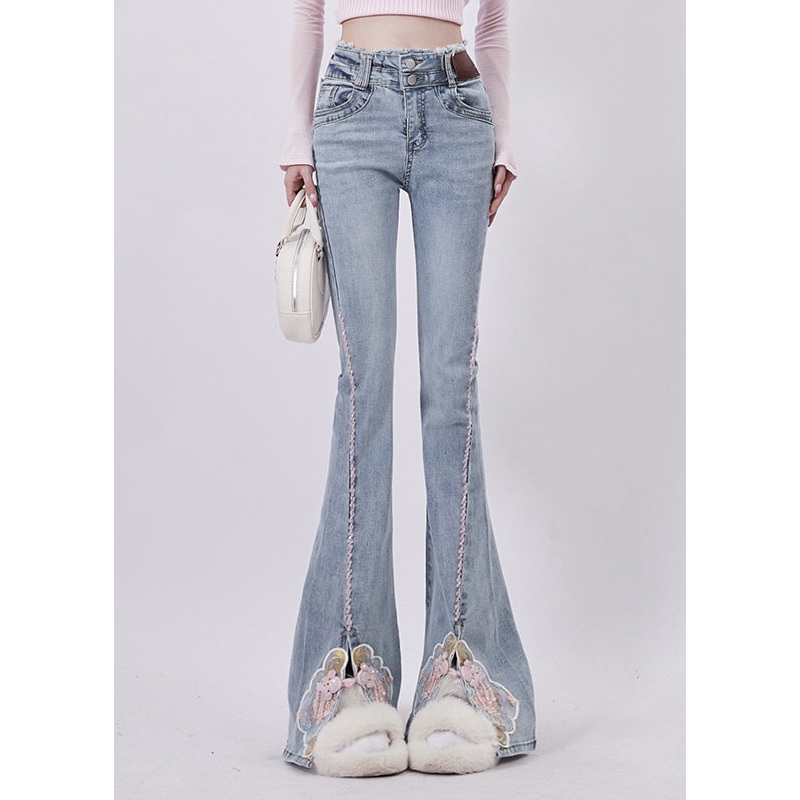 Organic Blue Embroidered Side Open Denim Bell-bottom Trousers Spring