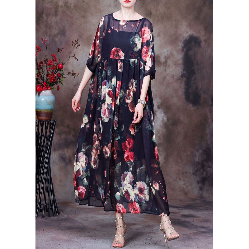Plus Size Black O-Neck wrinkled Print Chiffon Beach Dress Two Pieces Set Summer