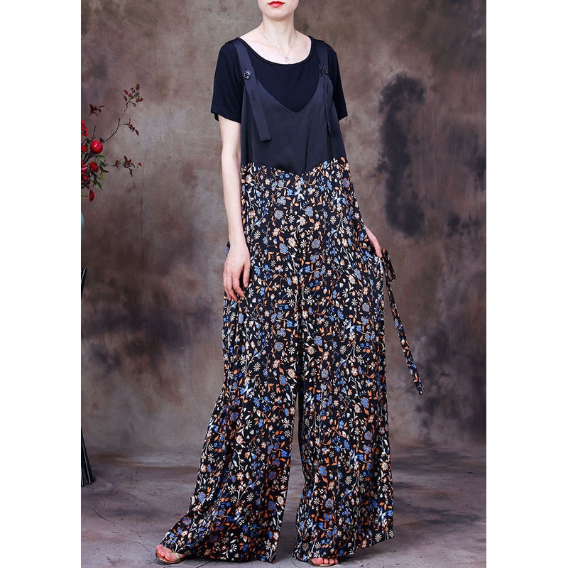 Plus Size Black Patchwork Print Pockets Silk Overalls Jumpsuit Two Pieces Set Summer