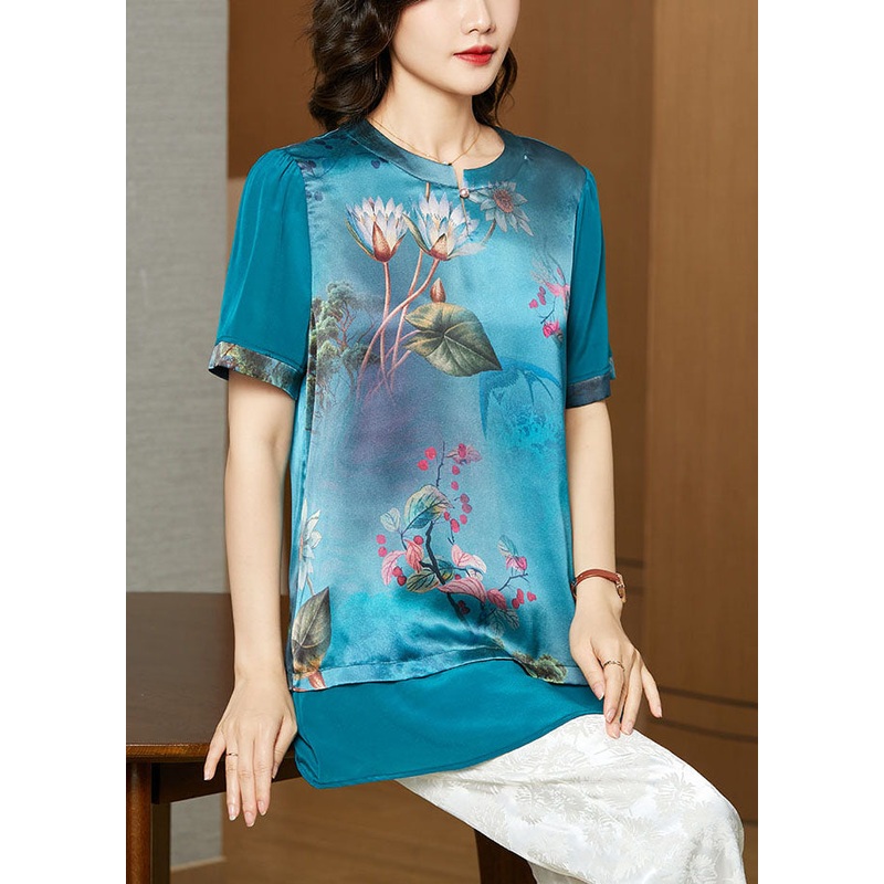 Plus Size Blue O-Neck Patchwork Print Silk Tank Tops Short Sleeve