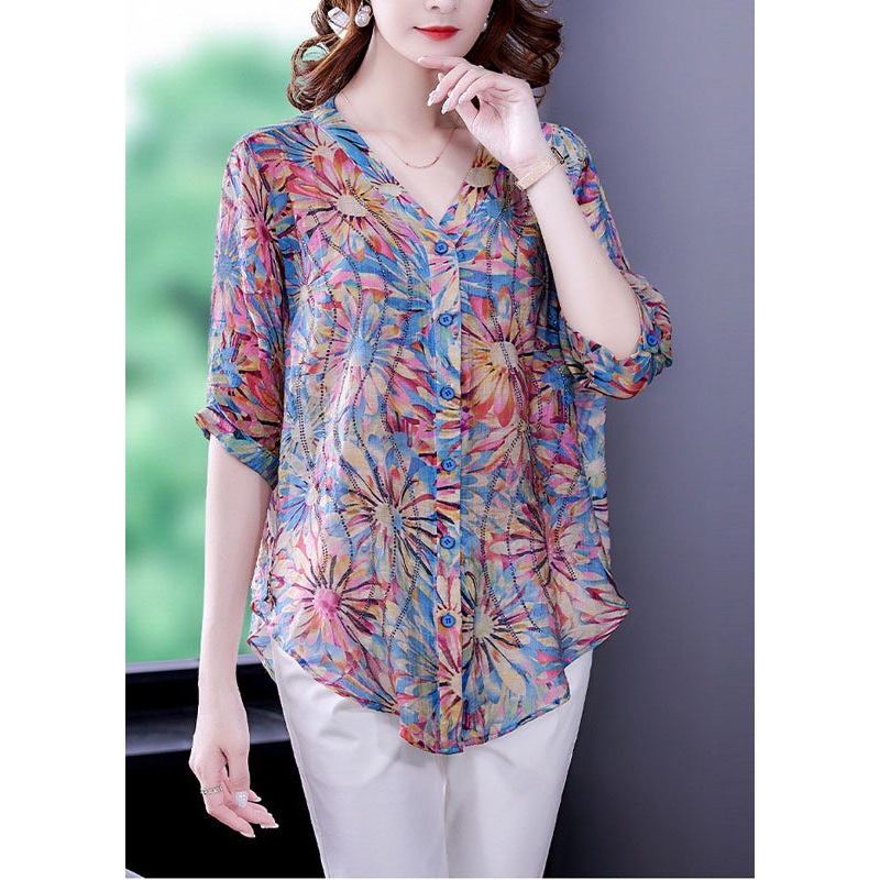 Plus Size Blue V Neck Button Print Chiffon Shirt Top Half Sleeve