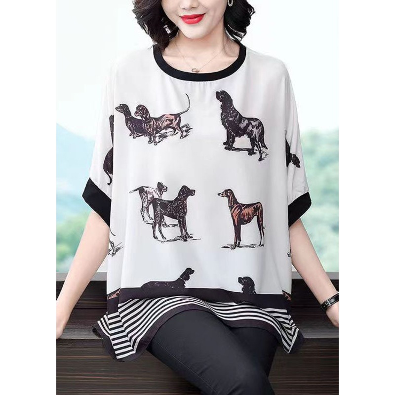 Plus Size White O-Neck Animal Print Patchwork Chiffon Tops Batwing Sleeve