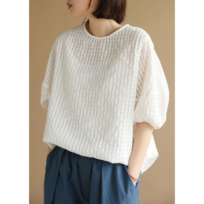 Plus Size White O-Neck Plaid Cotton Blouse Top Half Sleeve