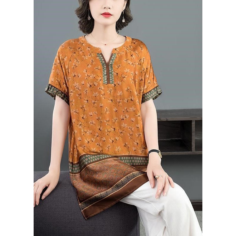 Plus Size Yellow V Neck Print Patchwork Ruffled Silk Tops Short Sleeve