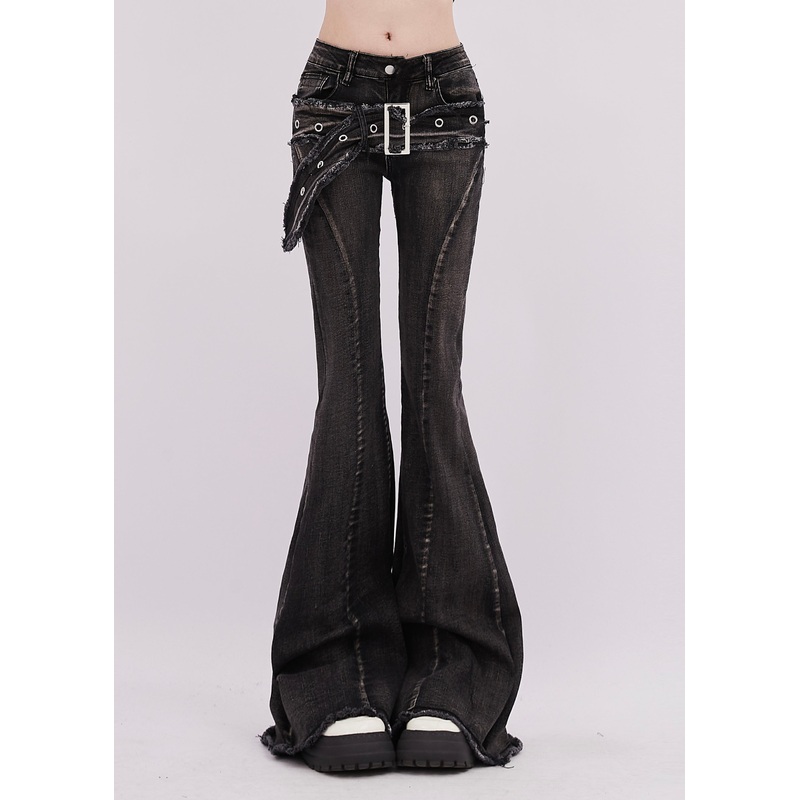 Silm Fit Black Asymmetrical Denim Bell-bottom Trousers Spring