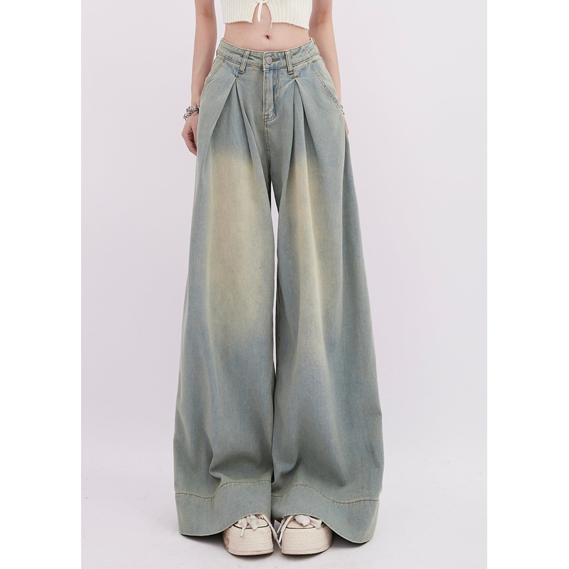 Simple Light Blue Wrinkled Denim Wide Leg Pants Spring