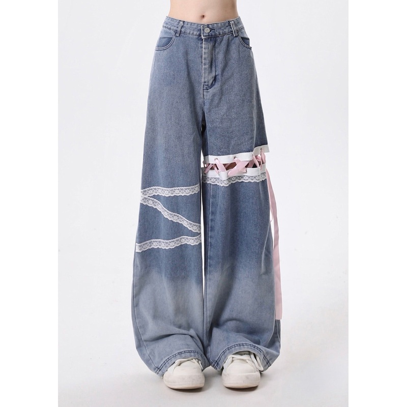 Style Blue Hollow Out Lace Up Denim Straight Pants Spring