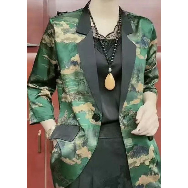 Style Green Peter Pan Collar Fitted Pockets Patchwork Silk Coats Bracelet Sleeve